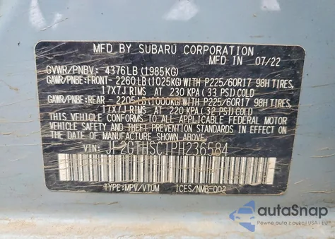 2023 Subaru Crosstrek Sport z USA, uszkodzony, nr VIN JF2GTHSC1PH236584